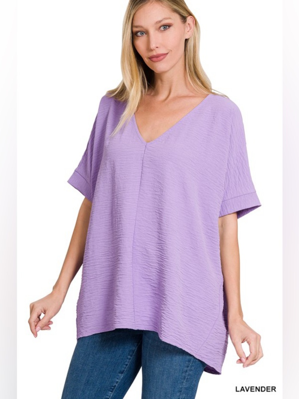 LAVENDER WOVEN AIRFLOW V-NECK DOLMAN SHORT SLEEVE TOP